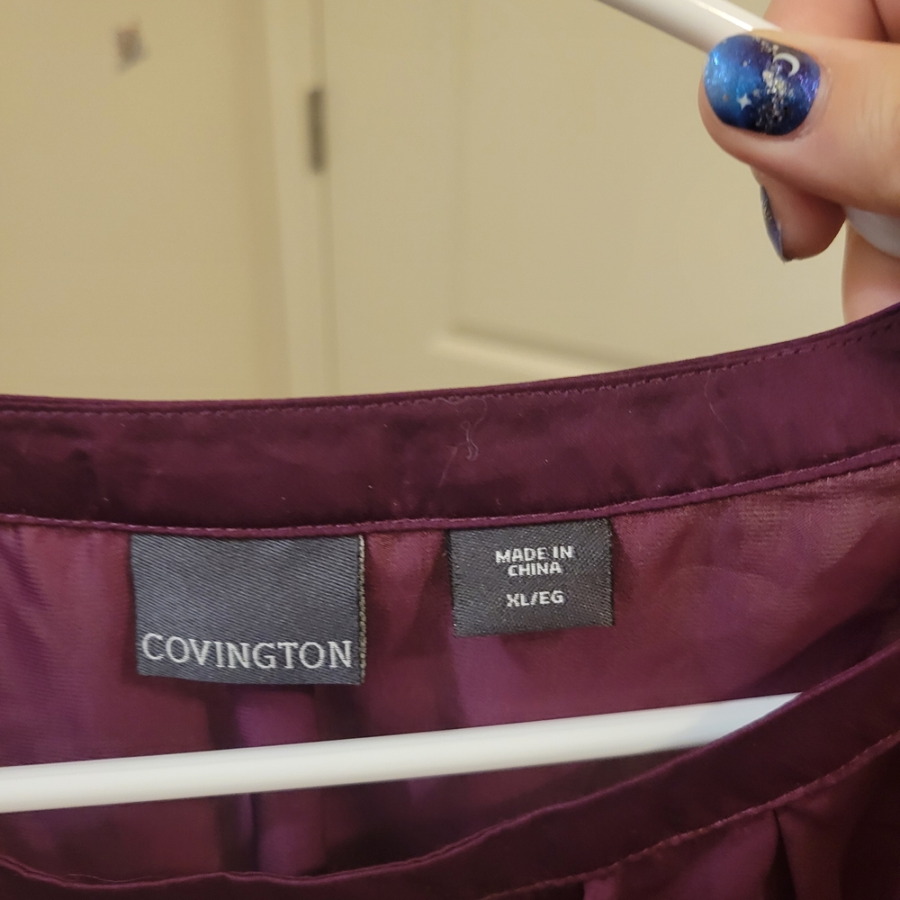Covington Deep Plum Short-Sleeve Pleated Blouse with Shoulder Buttons - Picture 2 of 2